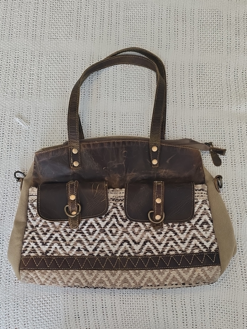Myra Brown Patterned Canvas & Leather Tote Bag